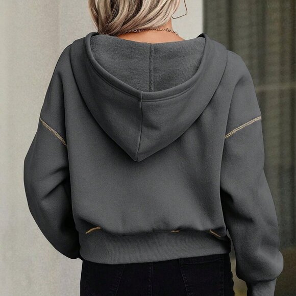Dark Grey Casual Women's Half-Zip Hooded Sweatshirt - Picture 3 of 6